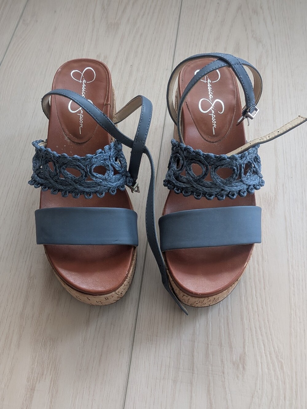 Jessica Simpson Denim Blue Crochet Cork Wedge Sandals
